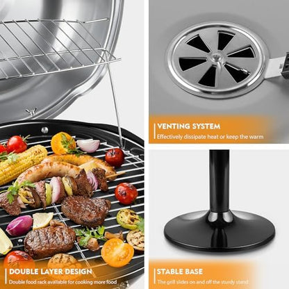 Electric Grill, Techwood Indoor/Outdoor Electric BBQ Grill, 1600W Portable Removable Stand Grill with Adjustable Heat & Drip Tray, Double Layer Design for Party, Patio & Backyard, Dust Cover(Silver)