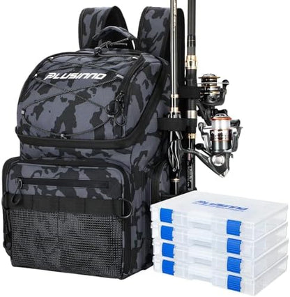 PLUSINNO Cooler Fishing Backpack with Rod Holders 45L Large Water-resistant Fishing Tackle bag Store Fishing Gear Fishing Gifts for Men Father