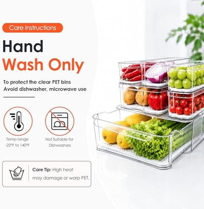 SMRCAD Clear Fridge Bins with Drain Trays - BPA-Free PET, Stackable(6 Pack)