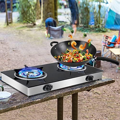 forimo Propane Gas Cooktop 2 Burners Gas Stove portable Tempered Glass Double Burners Stove Auto Ignition Camping Double Burner LPG for RV,Apartments,Outdoor