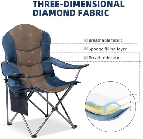 2 Pack Folding Camping Chairs for Adults - High Back Padded Outdoor Lawn Chairs with Lumbar Support & Cup Holder, 400lbs Heavy Duty Portable Camping Chairs Set (Blue & Brown, 2 PCS)