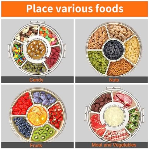 Divided Serving Tray with Lid and Handle, Portable Snackle Box Container for Fruits Snacks Charcuterie Organizer, Spinning Rounded Veggie Tray for Kitchen, Party, Travel and Picnic