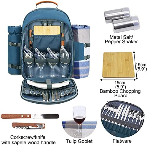 Sunflora Picnic Backpack for 4 Person Set Pack with Insulated Waterproof Pouch for Family Outdoor Camping(Light Blue)