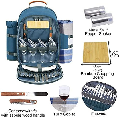 Sunflora Picnic Backpack for 4 Person Set Pack with Insulated Waterproof Pouch for Family Outdoor Camping(Light Blue)