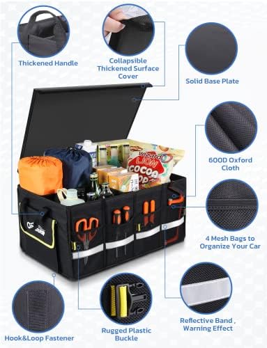Oasser Car Trunk Organizer with Foldable Soft Lid, 55L 3 Compartments Black