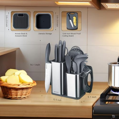 RAXCO Kitchen Set,18-Piece Cooking Utensils and Kitchen Knife Set,Gray