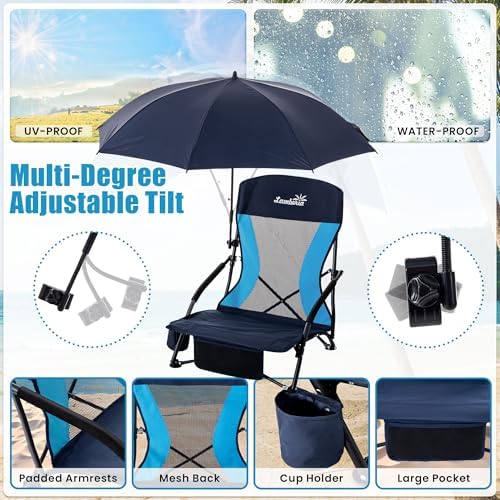 Lamberia Folding Beach Chair with Umbrella for Adults, Portable Low Beach Chairs with 300lbs Capacity, Lightweight Fodable Camping Chair for Travel, Picnic, Concert & Outdoor Activities, Navy Blue