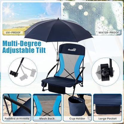 Lamberia Folding Beach Chair with Umbrella for Adults, Portable Low Beach Chairs with 300lbs Capacity, Lightweight Fodable Camping Chair for Travel, Picnic, Concert & Outdoor Activities, Navy Blue