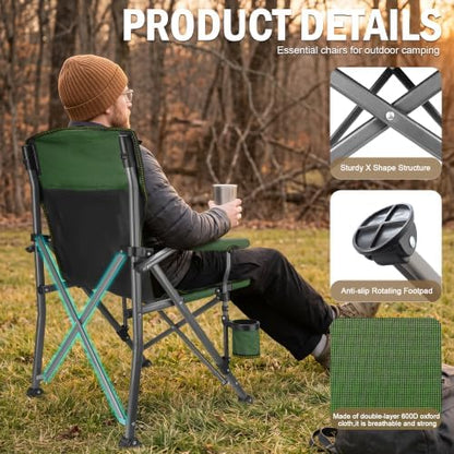 2 Pack Folding Camping Chair with Cup Holder and Storage Bag,Heavy Duty Supports 400 LBS,Portable Outdoor Chair for Camp,Lawns,Travel,Fishing,Green