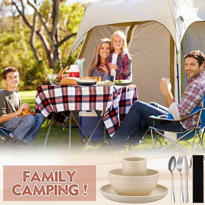 Teenyyou 4 Sets Camping Mess Kits for 4 Person Camping Silverware Set Include Cup, Bowl, Plate, Knife, Spoon, Fork Cutlery Set Unbreakable Wheat Straw Dinnerware Utensils for Travel