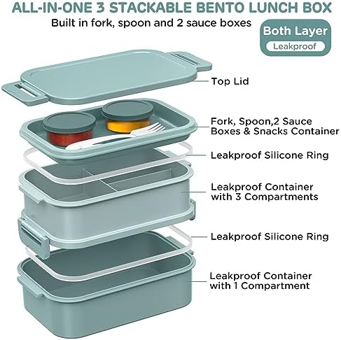 DaCool Lunch Box Adults Bento Box 74 OZ All-in-One Stackable Lunch Box Containers for Adult Large Bento Box with Fork Spoon Sauce Boxes, Leakproof Lunchbox for Work School Dining Out, Morandi-Green