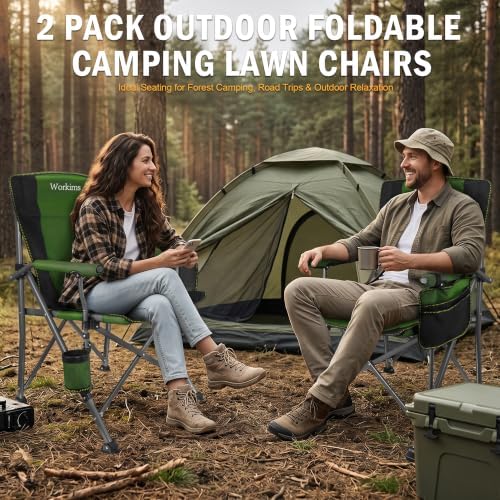 2 Pack Folding Camping Chair with Cup Holder and Storage Bag,Heavy Duty Supports 400 LBS,Portable Outdoor Chair for Camp,Lawns,Travel,Fishing,Green
