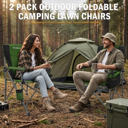 2 Pack Folding Camping Chair with Cup Holder and Storage Bag,Heavy Duty Supports 400 LBS,Portable Outdoor Chair for Camp,Lawns,Travel,Fishing,Green
