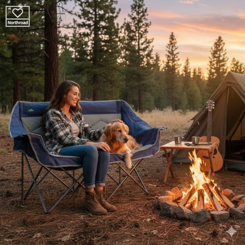 Northroad Folding Loveseat Camping Chair Portable Double Duo Full Padded Garden Chair for 2 Person Sofa w/ 2 Cup Holder,Wine Glass Holder,Mesh Storage,Support 500lbs for Picnic Beach Travel(Blue)