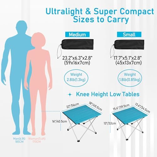 Tesouro Portable Camping Table,Folding Side Table Aluminum Top for Outdoor Cooking, Hiking, Travel, Picnic (Blue-Large)