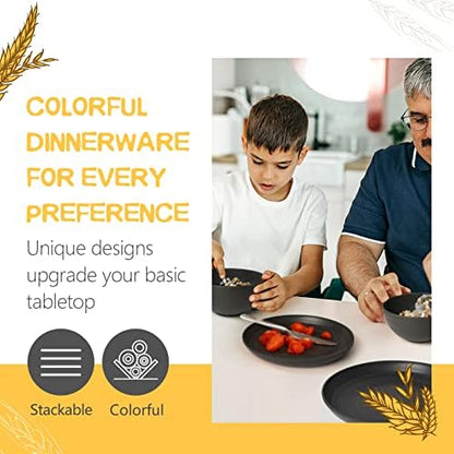 Teivio 16-Piece Kitchen Plastic Wheat Straw Dinnerware Set, Service for 4, Dinner Plates, Dessert Plate, Cereal Bowls, Cups, Unbreakable Plastic Outdoor Camping Dishes, Black