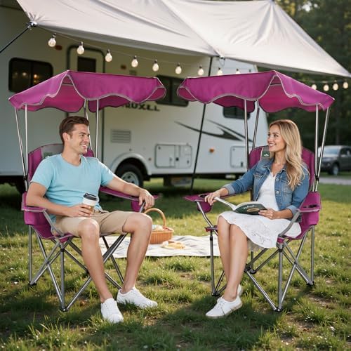 Northroad Folding Camping Chairs with Canopy Shade, Beach Chair w/Cup Holders, Armrests & Carry Bag for Outdoors Travel Sports Fishing, Purple