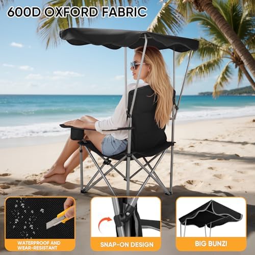 Northroad Folding Camping Chairs with Canopy Shade, Beach Chair w/Cup Holders, Armrests & Carry Bag for Outdoors Travel Sports Fishing, Black