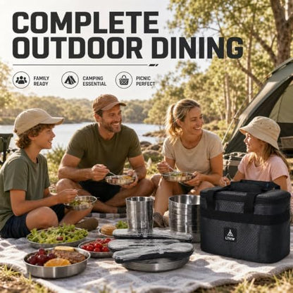 Camping Dinnerware Set, 304 Mess Kit, Portable for 3-4 Person, with Bag