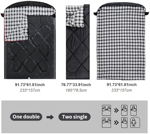 ShinHye Double Sleeping Bag for Adults with 2 Pillows, Camping Sleeping Bags Flannel Cotton 2 Person Sleeping Bags XXL Queen Size Sleeping Bag for Cold Weather