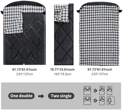 ShinHye Double Sleeping Bag for Adults with 2 Pillows, Camping Sleeping Bags Flannel Cotton 2 Person Sleeping Bags XXL Queen Size Sleeping Bag for Cold Weather