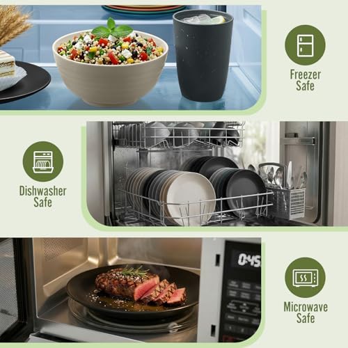 Wheat Straw Dinnerware Sets 40 PCS - Unbreakable Plates and Bowls Sets for 8,Party Kitchen Camping RV Dishwasher & Microwave Safe Modern Lightweight Dishware Sets - Black Grey
