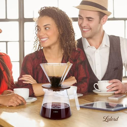Lalord Pour Over Coffee Maker, 20 oz Borosilicate Glass Set with 100 pcs Paper Filter, Walnut Collar & Glass Lid, Drip Coffee Maker, 1-3 Cups, Clear, 600 ml, Petal Shape