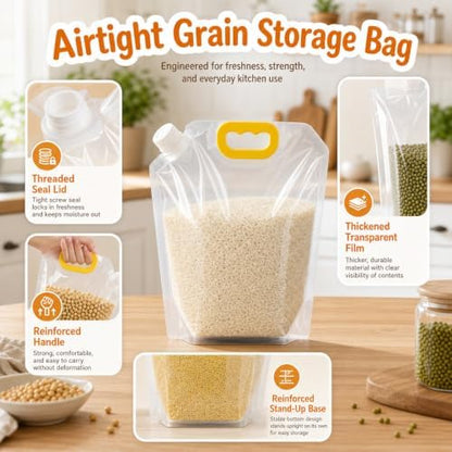 Airtight Grain Storage Bags with Handle - Cereal Containers with Pour Spout, Reusable Rice Food Sealed Container (15PCS,Large-350 OZ)