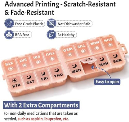 Foldable Portable 7 Day Pill Organizer 2 Times a Day, AM PM Weekly Pill Box