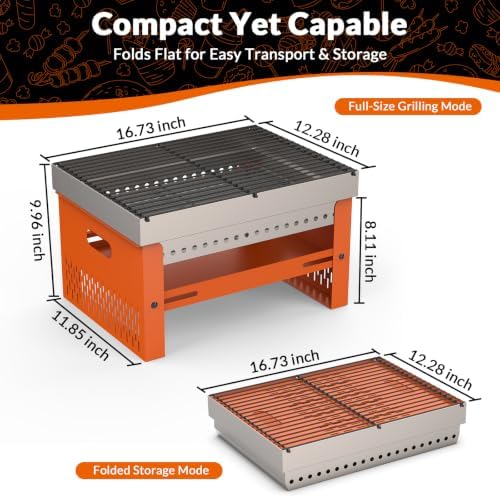 Portable Charcoal Grill, Small Tabletop BBQ, Foldable Mini Hibachi, Stainless Steel Camping Grill, Compact Outdoor Cooker for Picnic, Tailgating (Orange)