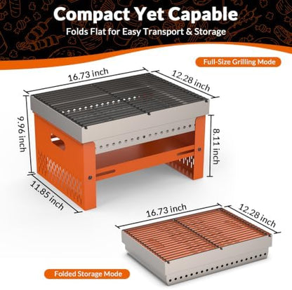 Portable Charcoal Grill, Small Tabletop BBQ, Foldable Mini Hibachi, Stainless Steel Camping Grill, Compact Outdoor Cooker for Picnic, Tailgating (Orange)
