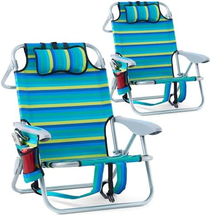 2 Pack Lightweight Portable Camping Beach Chair for Adults, Outdoor Lay Flat Folding Beach Chairs with 5 Positions, Backpack Beach Chair with Towel Bar, Zipper Pouch, Cup Holder, NEW Striped