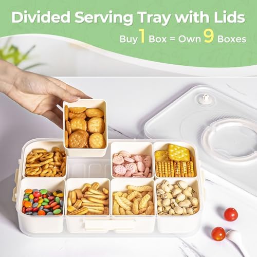 LUXEAR Divided Serving Tray with Lid and Handle Snack Box Charcuterie Container Dishwasher Safe 8 Compartment Snack Platters Portable Clear Organizer for Fruits, Candy, Snacks, Picnic, Travel