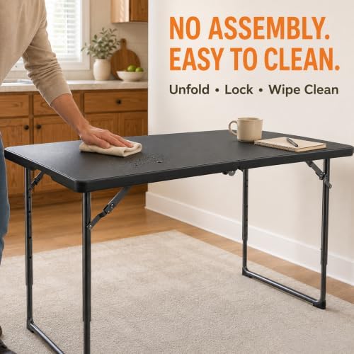 4FT Folding Table 3 Levels Adjustable Height, Heavy Duty Fold-in-Half Portable Table, 400 lbs Capacity Foldable Table for Party Dining Camping Events Picnic Outdoor Indoor Use