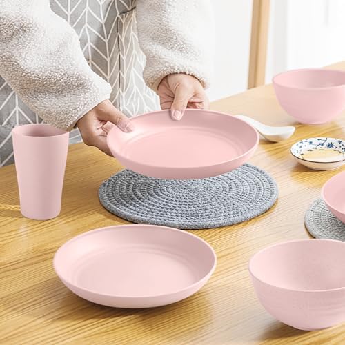 Teivio 32-Piece Plates and Bowls Sets for 8, Pink Kitchen Dinnerware Sets