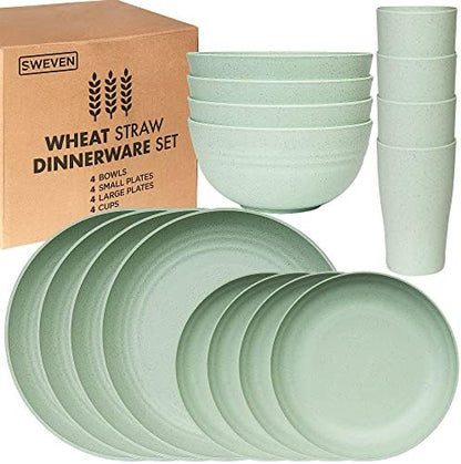 Wheat Straw Dinnerware Sets | Unbreakable Dinnerware Sets | Dishwasher Microwave Safe Dinnerware | Eco Friendly Non Breakable Dinnerware Sets | RV Outdoor Camping (Green, Service for 4 (16 pcs))