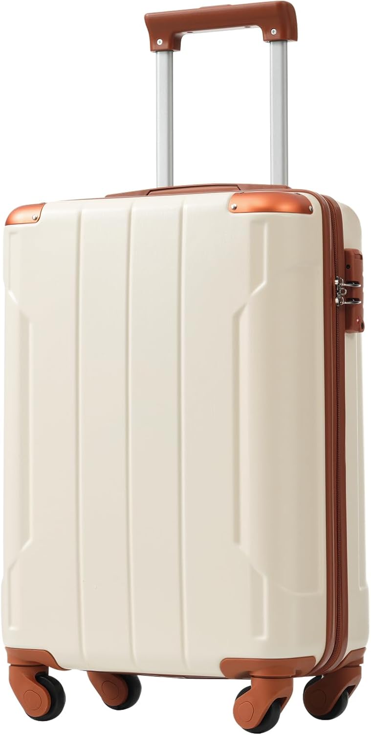 Merax Carry-On Luggage 22x14x9 airline approved, Hardshell ABS Suitcase with Spinner Wheels, TSA Lock, Lightweight Durable 20 Inch Travel Luggage for Men Women(White Brown)