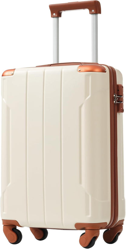 Merax Carry-On Luggage 22x14x9 airline approved, Hardshell ABS Suitcase with Spinner Wheels, TSA Lock, Lightweight Durable 20 Inch Travel Luggage for Men Women(White Brown)