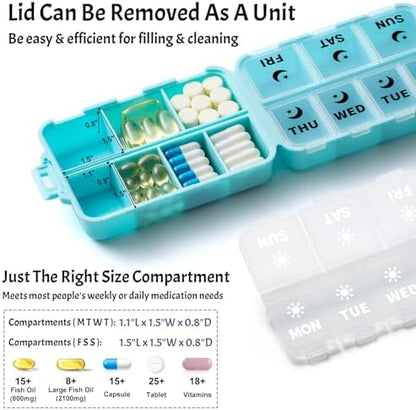 Foldable Portable 7 Day Pill Organizer 2 Times a Day, AM PM Weekly Pill Box