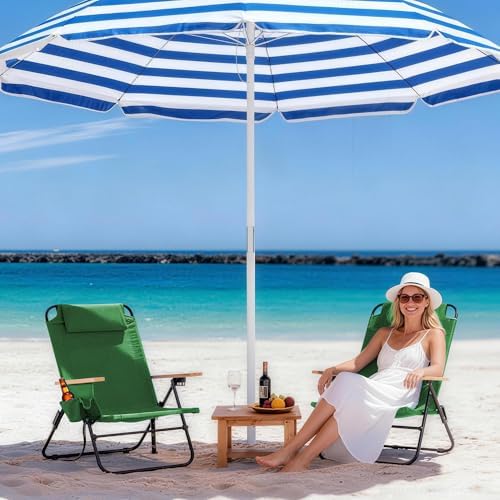 2 Pack Premium 5-Position Reclining Camping Chair - Portable Folding Lightweight Outdoor Chair with Wooden Armrests, Headrest & Pockets, 350lbs Heavy Duty for Beach, Patio, Backyard, Green