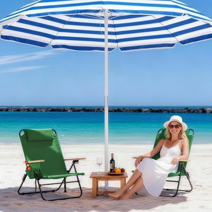 2 Pack Premium 5-Position Reclining Camping Chair - Portable Folding Lightweight Outdoor Chair with Wooden Armrests, Headrest & Pockets, 350lbs Heavy Duty for Beach, Patio, Backyard, Green