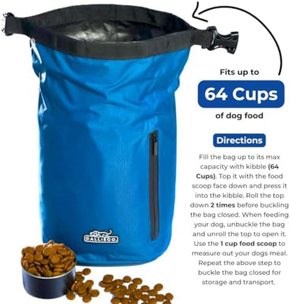 Callieco Dog Food Travel Bag w/ 1 Cup Scoop and Zipper Side Pocket | Waterproof Kibble Storage Container for Home, Road Trips, Camping, Boarding and More (Blue, 64 Cups)