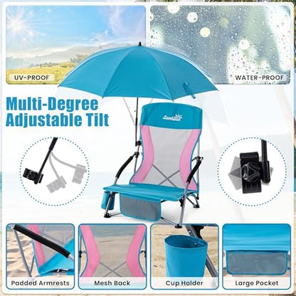 Folding Beach Chair with Umbrella for Adults, 2 Pack Portable Low Beach Chairs with 300lbs Capacity, Lightweight Fodable Camping Chair for Travel, Picnic, Concert & Outdoor Activities, Blue-Pink