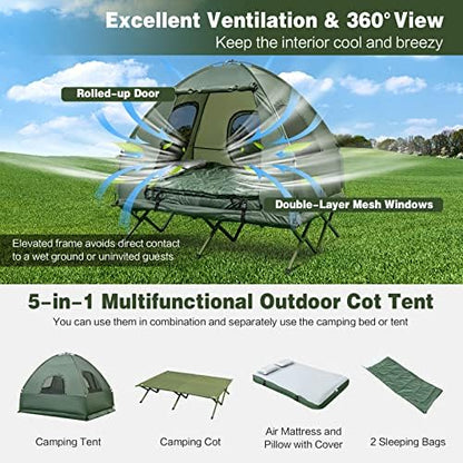 DORTALA 2-Person Tent Cot, Foldable Elevated Camping Tent w/Air Mattress & Sleeping Bag, Portable Dome Camping Tent Cot for Hiking, Camping & Picnic