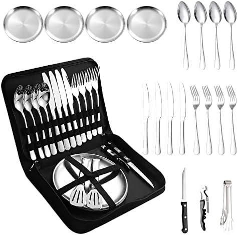 Camping Silverware Silver Picnic Plates and Utensils Set for 4 Portable Tableware Stainless Steel Dinnerware 20 Pieces With Organizer Bag Reusable Durable