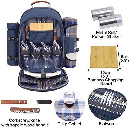 Sunflora Picnic Backpack for 4 Person Set Pack with Insulated Waterproof Pouch for Family Outdoor Camping (Navy Blue)