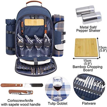 Sunflora Picnic Backpack for 4 Person Set Pack with Insulated Waterproof Pouch for Family Outdoor Camping (Navy Blue)