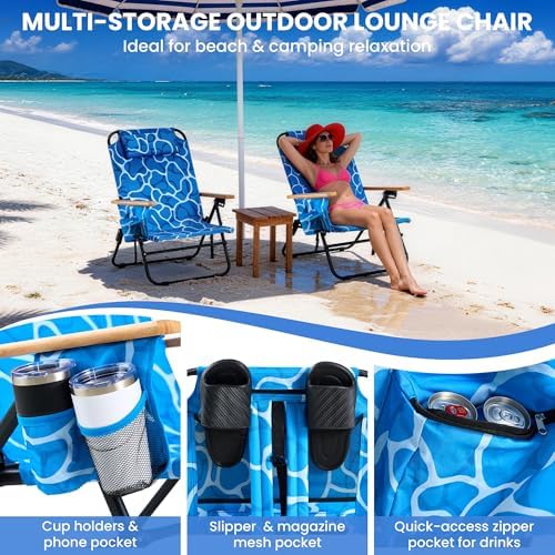 2 Pack Premium 5-Position Reclining Camping Chair Portable Folding Lightweight Outdoor Chair with Wooden Armrests, Headrest & Pockets, 350lbs Heavy Duty for Beach, Patio, Ocean Wave Blue