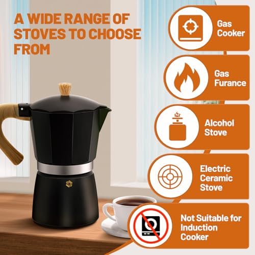 6 Cup Aluminum Espresso Stovetop Moka Pot Express Coffee Maker Percolator Italian Classic Mocha Coffee Machine for Italian and Cuban Cafe Brewing for Home & Camping 300ml 10oz