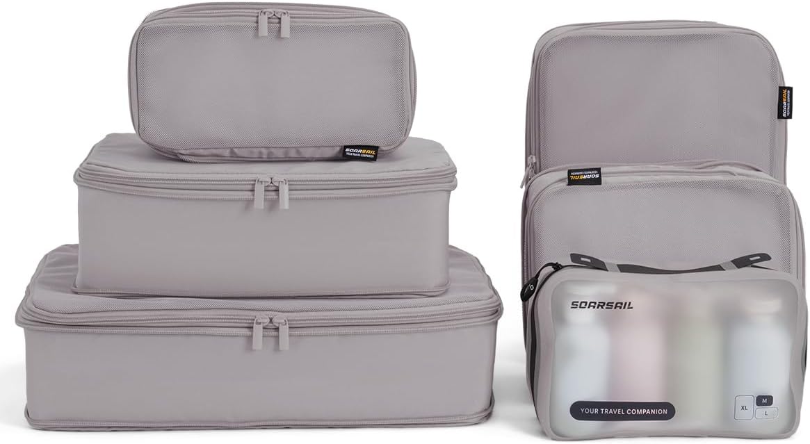 6 Set Compression Packing Cubes for Travel, Large Medium Small Luggage Organizers, Storage Bags for Clothes (6 Pack, Misty Silver)